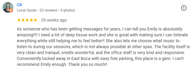 Screenshot of a five start google review for Balance Spa in Boca Raton.