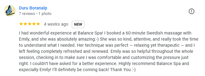 Screenshot of a Google Review detailing experience at Balance Spa.