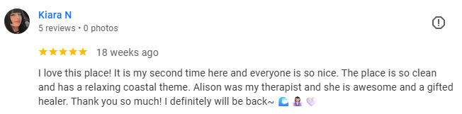 Screenshot of a five star google review for Balance Spa from a massage client. 